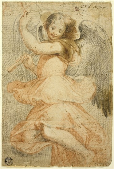 Angel Holding a Flute, c. 1591, Circle of Giuseppe Cesari, called Il Cavalier d’Arpino, Italian, 1568-1640, Italy, Black and red chalk, on buff laid paper, incised, 203 x 137 mm (max.)