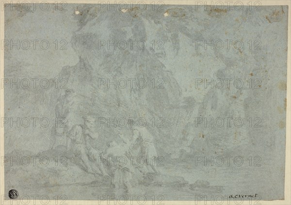 Rocky Landscape with Figures, n.d., After Gaspard Dughet, French, 1615-1675, France, Black chalk counterproof, heightened with white chalk, on blue wove paper, tipped onto cream wood-pulp laminate board, 209 × 301 mm