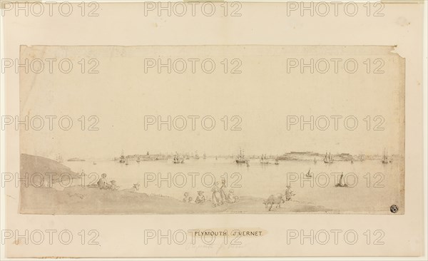 Plymouth Harbor, n.d., Joseph Vernet, French, 1714-1789, France, Pen and grayish-black ink, and brush and gray wash, on cream laid paper, laid down on buff board, 207 × 472 mm