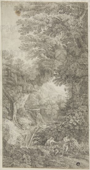 Forest Scene with Waterfall and Two Figures, n.d., Attributed to Johann Samuel Bach, German, 1749-1778, Germany, Black chalk on ivory laid paper, 453 x 239 mm