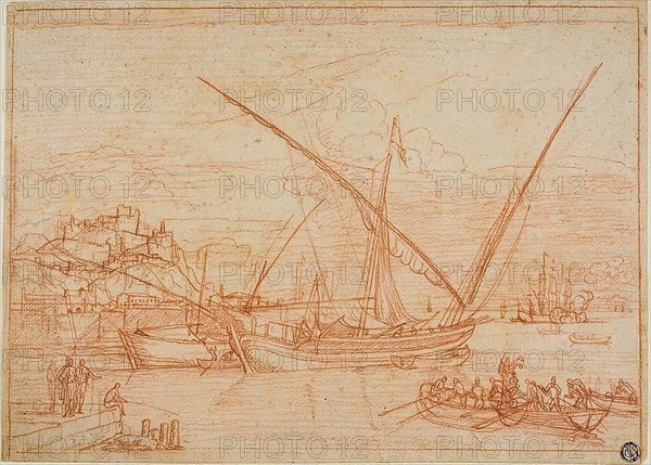View of a Port: Ships in a Harbor, 1753, Adrien Manglard, French, 1695-1760, France, Red chalk on buff laid paper, 236 × 327 mm