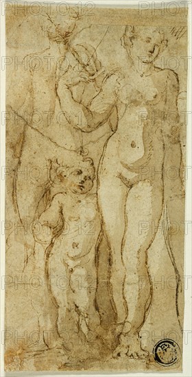 Venus and Cupid, n.d., Circle of Francesco Mazzola, called Parmigianino, Italian, 1503-1540, Italy, Pen and brown ink with brush and pale brown wash, on buff laid paper, partially laid down on tan laid paper, tipped onto ivory laid paper, 137 x 69 mm (max.)