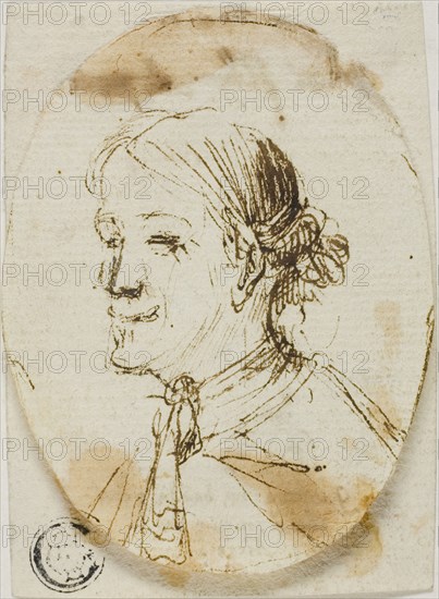 Portrait Bust of Man Wearing Cravat (recto), Sketch of Saddle (verso), n.d., Stefano della Bella, Italian, 1610-1664, Italy, Pen and brown ink (recto), and red and brown ink (verso), on ivory laid paper, cut to oval, tipped onto ivory laid paper, 76 x 58 mm
