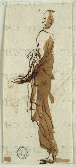 Standing Draped Figure in Profile (recto), Massacre of the Innocents (verso), n.d., Attributed to Salvator Rosa, Italian, 1615-1673, Italy, Pen and brown ink and brush and brown wash, with traces of graphite (recto), and pen and brown ink (verso), on ivory laid paper, 124 x 54 mm