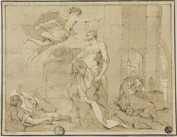 Saint Paul Rescued from Prison by an Angel, n.d., Unknown Artist, Italian, 18th century, Italy, Pen and brown ink, with brush and brown wash, over traces of black chalk, on cream laid paper, laid down on ivory wove paper, 181 x 235 mm