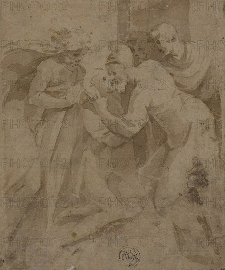 Return of the Prodigal Son, 1536/40, Attributed to Andrea Meldolla, called Schiavone, Italian, c. 1510-1563, Italy, Brush and brown wash, over black chalk, on tan laid paper, laid down on ivory laid paper, 119 x 100 mm