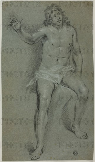 Seated Male Nude (recto), Sketches of Hand and Boy’d Head (verso), n.d., School of Rembrandt van Rijn (Dutch, 1606-1669), or possibly Jacob Adriaenzoon de Backer (Dutch, 1608-1651), or Matthäus Merian, the Younger (Swiss, 1621-1687), or in the Style of Govert Flinck (Dutch, 1615-1660), Holland, Black chalk, with touches of black crayon,  heightened with white chalk (recto), and black chalk heightened with white chalk (verso), on blue laid paper, 321 x 186 mm