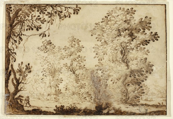 Wooded Landscape with Traveler in Foreground, n.d., Attributed to Ercole Bazzicaluva, Italian, c.1610-after 1641, Italy, Pen and brown ink on cream laid paper, laid down on ivory laid paper, 135 x 196 mm