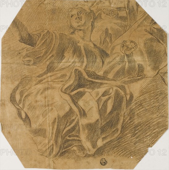 Seated Allegorical Female Figure, n.d., Possibly Lorenzo de’ Ferrari (Italian, 1680-1744), Possibly after Giovanni Battista Gaulli (Italian, 1639-1709), Italy, Black chalk on tan laid paper, 224 x 222 mm