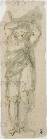 Caryatid, n.d., Style of Domenico Maria Canuti, Italian, 1620-1684, Italy, Pen and brown ink with brush and green wash, on ivory laid paper, 227 x 75 mm, Poncho, A.D. 1476/1532, Chuquibamba, Peru, Probably south coast, Peru, Wool (camelid), interlocking tapestry weave and complementary weft weave, 161.1 x 231.3 cm (63 1/2 x 91 1/8 in.)