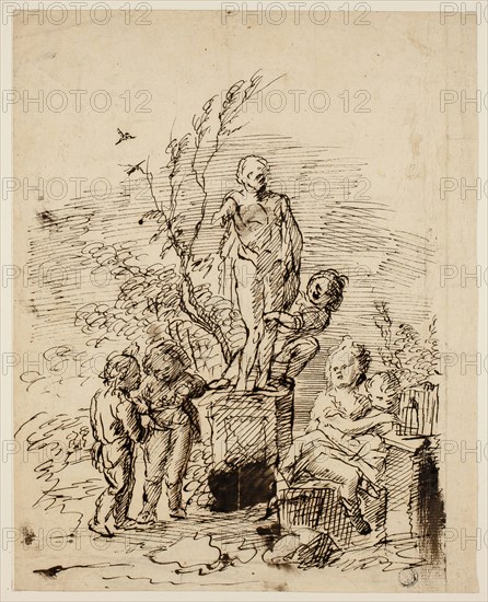 Children Playing near Statue in Garden, 1714/39, John Vanderbank, English, 1686-1739, England, Pen and brown ink with brush and brown wash, on tan laid paper, 282 × 225 mm