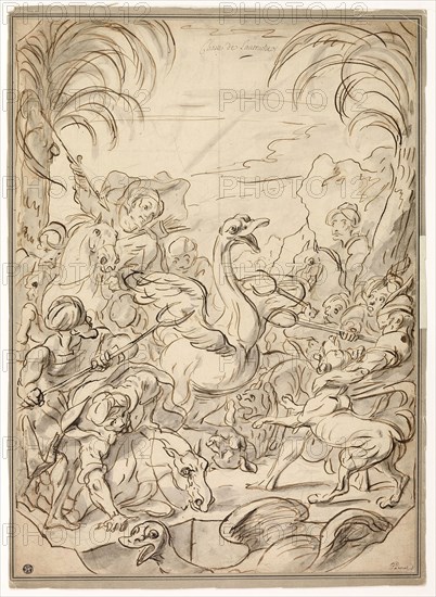 Ostrich Hunt, n.d., Charles Parrocel (French, 1688-1752), or Charle van Loo (French, 1705-1765), or Joseph Francois Parrocel (French, 1704-1781), France, Brush and brown ink, with gray and brown wash, over graphite on cream laid paper, laid down on cream board, 556 × 402 mm