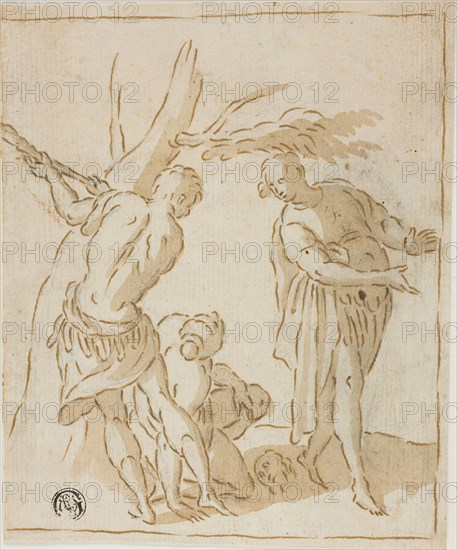 Three Figures with Severed Head on Ground, 1600/20, Circle of Marcantonio Bassetti, Italian, 1586-1630, Italy, Pen and brown ink with brush and brown wash, over graphite, on cream laid paper, laid down on buff laid paper, 162 x 135 mm (max.)