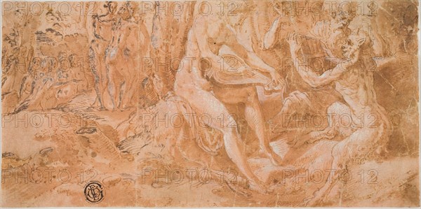 The Judgement of Midas: Apollo and Pan, n.d., Circle of Jacopo Zanguidi, called Bertoia, Italian, 1544-1573/74, Italy, Pen and brown ink, and brush and brown wash, with pinkish opaque wash, heightened with lead white (partially oxidized), on cream laid paper, verso rubbed with red chalk, 93 x 187 mm