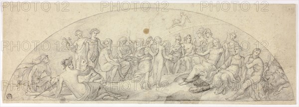 Wedding of Cupid and Psyche on Mount Olympus, c. 1850, Unknown Artist, English, 19th century, England, Pen and black ink and black chalk, with incising, on cream laid paper, 172 × 497 mm