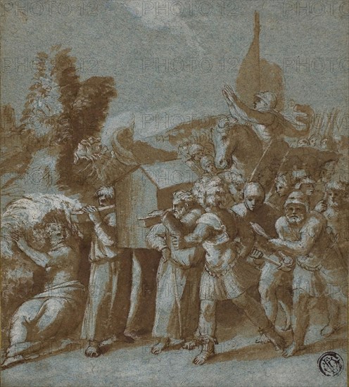 Joshua and the Israelites Crossing the Jordan, 16th century, After Raffaello Sanzio, called Raphael, Italian, 1483-1520, Italy, Pen and brown ink with brush and brown wash, heightened with lead white, on blue laid paper, laid down on ivory laid paper, 153 x 137 mm