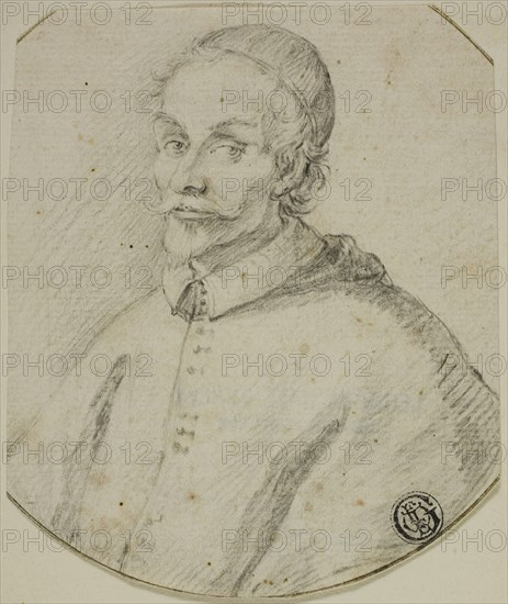Portrait Bust of a Cardinal, n.d., Style of Claude Mellan, French, 1598-1688, France, Black chalk on cream laid paper, tipped onto cream wove paper, 115 × 97 mm