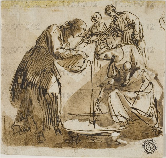 Birth of the Virgin, n.d., Attributed to Francesco Allegrini, Italian, 1587-1684, Italy, Pen and brown ink with brush and brown wash, over traces of graphite, on ivory laid paper, tipped onto ivory laid paper, 109 x 115 mm