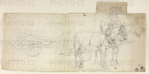 Two Horse Team with Driver, Pulling Carriage (recto), Sketches of Women Bending Over (verso), n.d., Attributed to David Teniers the Younger, Flemish, 1610-1690, Belgium, Graphite on ivory laid paper, 227 × 463 mm