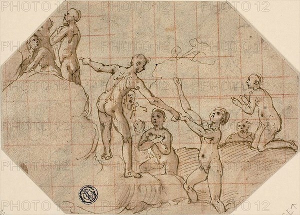 Group of Blessed Souls: Study for the Last Judgment, 1576/79, Federico Zuccaro, Italian, 1540/41-1609, Italy, Pen and brown ink with brush and brown wash, with traces of black chalk and pale blue wash, on ivory laid paper, squared in red chalk, laid down on ivory laid paper, 115 x 158 mm (max.)