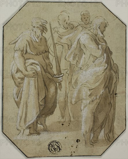 Saint Paul and Three Other Standing Figures, 18th century, Attributed to Count Antonio Maria Zanetti the Elder (Italian, 1679-1767), after Francesco Mazzola, called Il Parmigianino (Italian, 1503-1540), Italy, Pen and brown ink with brush and brown wash, heightened with white gouache, over traces of graphite, on cream laid paper, laid down on blue laid paper, 112 x 89 mm (max.)