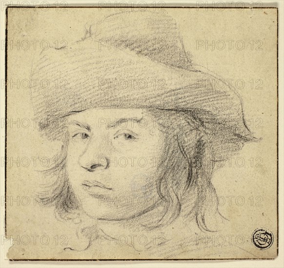 Bust of Young Man with Hat, n.d., Attributed to Cornelis Visscher, Dutch, c. 1629-1658, Holland, Black chalk on tan laid paper, 113 x 122 mm