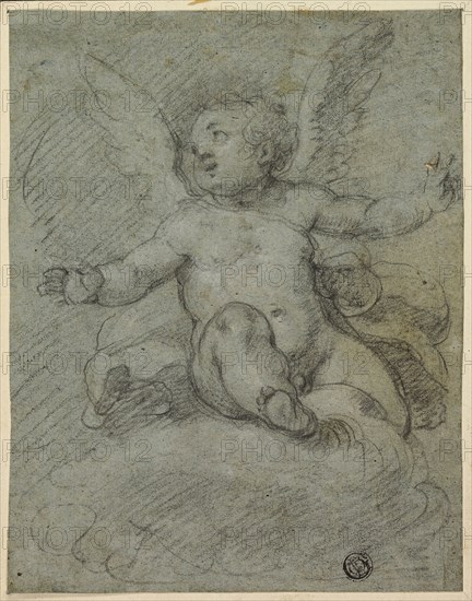 Putto Seated on Clouds, 1600/12, Denys Calvaert, Flemish, c. 1540-1619, Flanders, Black chalk heightened with touches of white chalk, on blue laid paper, laid down on card, 190 × 149 mm