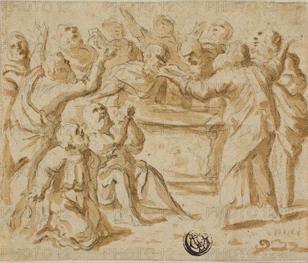 Assumption of the Virgin: Lower Half, 1600/10, Attributed to Marcantonio Bassetti, Italian, 1586-1630, Italy, Brush and brown wash with black chalk, on ivory laid paper, 90 x 108 mm (max.)