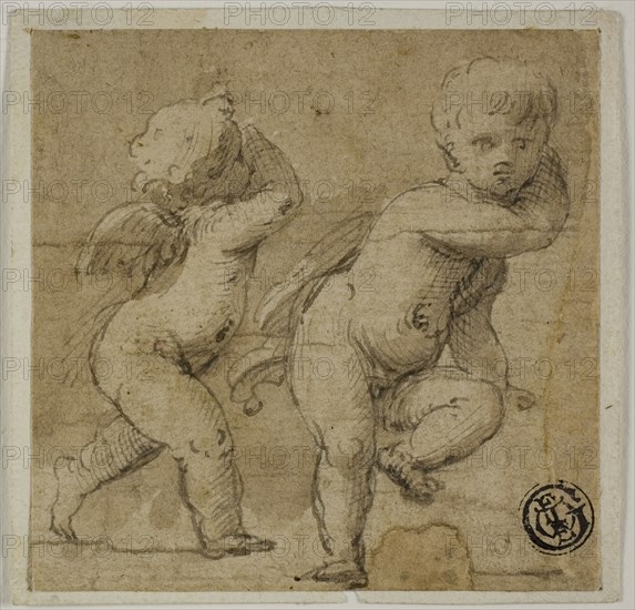 Two Putti, c. 1590, Follower of Francesco Mazzola, called Parmigianino, Italian, 1503-1540, Italy, Pen and brown ink with brush and brown wash, on tan laid paper, laid down on ivory laid paper, 78 x 77 mm (max.)