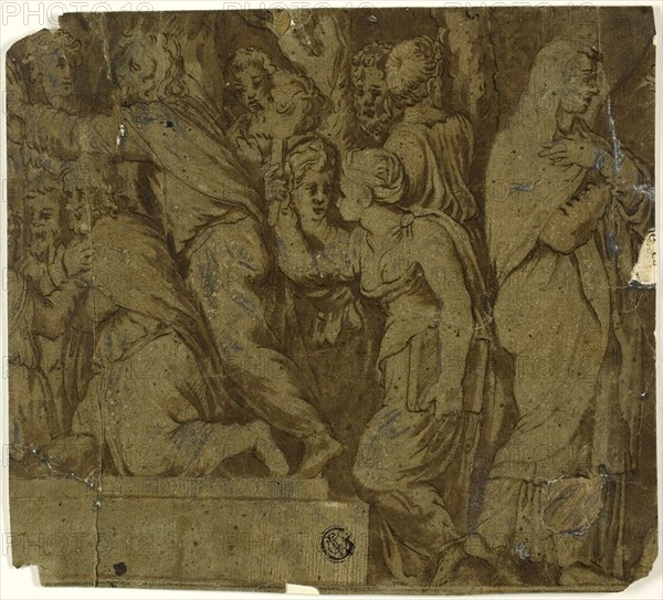Story of Niobe: Worshippers, Latona, n.d., After Polidoro Caldara, called Polidoro da Caravaggio, Italian, c. 1499-c. 1543, Italy, Pen and brown ink with brush and brown wash, heightened with lead white (oxidized), and graphite, on blue laid paper, laid down on cream wove paper, 164 x 183 mm