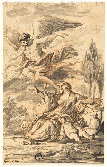 Angel Appearing to Hagar and Ishmael, 1780, Etienne Pierre Adrien Gois, French, 1731-1823, France, Pen and gray ink, with brush and gray wash, over red chalk, on cream laid paper, 181 × 115 mm