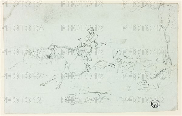 Fox Hunt, n.d., Attributed to Henry Alken, English, 1785-1851, England, Graphite on pale blue wove paper, 119 × 186 mm