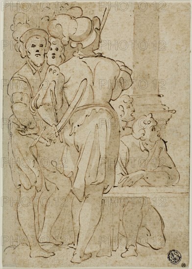 Standing Soldiers and Kneeling Figures, late 16th century, After Taddeo Zuccaro, Italian, 1529-1566, Italy, Pen and brown ink with brush and brown wash, and red chalk, on ivory laid paper, laid down on ivory card, 189 x 133 mm (max.)
