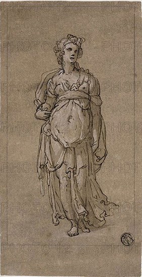 Standing Female Allegorical Figure, 1566/67, After Federico Zuccaro, Italian, 1540/41-1609, Italy, Pen and brown ink with brush and brown wash, heightened with white gouache, over traces of graphite, on cream laid paper prepared with brown wash, 195 x 100 mm