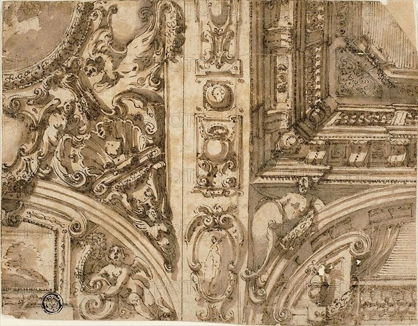 Illusionistic Ceiling Decoration, n.d., Attributed to Agostino Mitelli, Italian, 1609-1660, Italy, Pen and brown ink, with brush and brown wash and traces of graphite, on ivory laid paper, laid down on ivory laid paper, 150 x 191 mm