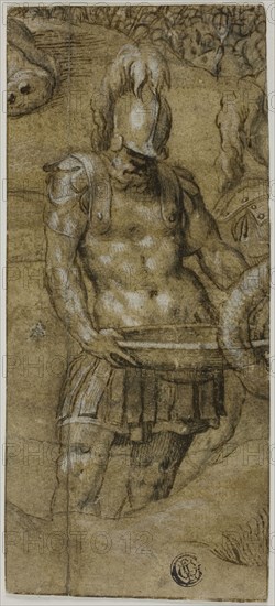 Roman Soldier, c. 1545, Paolo Farinati, Italian, 1524-1606, Italy, Pen and brown ink with brush and brown wash, over black chalk, heightened with white gouache, on tan laid paper, laid down on light-weight wove paper, 176 x 78 mm