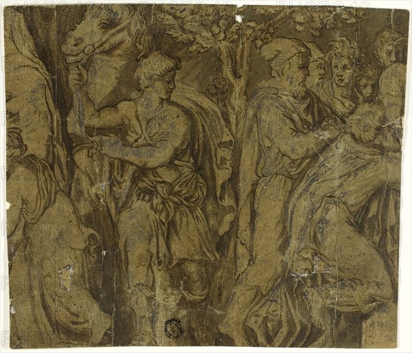 Story of Niobe: Youth with Horse, Worshippers, n.d., After Polidoro Caldara, called Polidoro da Caravaggio, Italian, c. 1499-c. 1543, Italy, Pen and brown ink with brush and brown wash, heightened with lead white (oxidized), and graphite, on blue laid paper (faded to brown), 182 x 189 mm