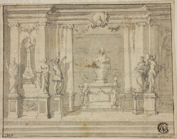 Inner Portico with Statues, n.d., Unknown Artist, British, late 18th century, England, Graphite and brush and gray wash on ivory laid paper, laid down on ivory laid paper, 119 × 150 mm
