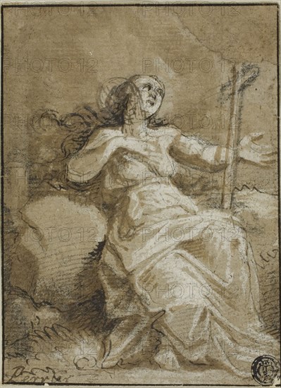 Magdalen in the Desert, n.d., Attributed to François Perrier, French, 1590-1650, France, Pen and brown ink and brush and brown wash and white gouache, over black chalk, on gray laid paper, laid down on gray wove card, 130 × 96 mm