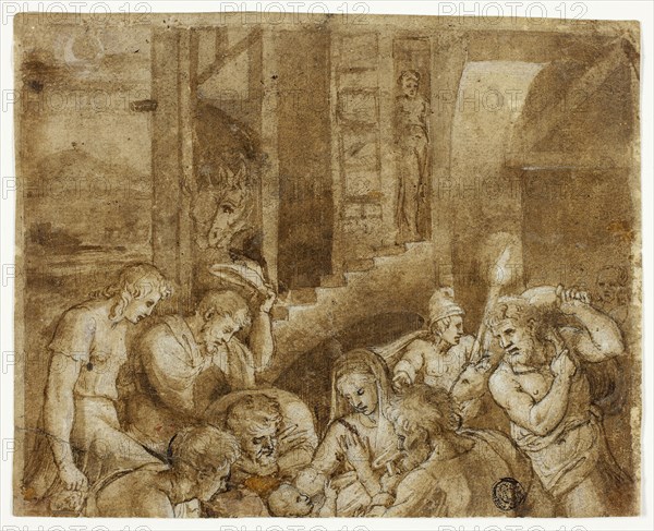 Adoration of the Shepherds: Upper Half, 16th century, After Giulio Pippi, called Giulio Romano, Italian, c. 1499-1546, Italy, Brush and brown ink, heightened with lead white (discolored), on tan laid paper, 147 x 183 mm (max.)