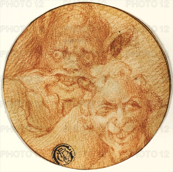 Two Devils, late 16th century, After Michelangelo Buonarroti, Italian, 1475-1564, Italy, Red chalk on ivory laid paper, cut to circle, 74 x 74 mm (max.)