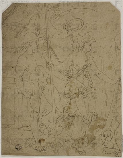 Scene with Mercury and Minerva, n.d., School of Fontainebleau, French, 16th century, France, Pen and black ink on tan laid paper, laid down on ivory laid paper, 240 × 189 mm