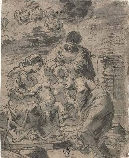 The Mystic Marriage of Saint Catherine, 1660/69, Leonard Bramer, Dutch, 1596-1674, Netherlands, Pen and gray ink with brush and gray wash, heightened with lead white (partly discolored), on gray laid paper, 213 x 173 mm