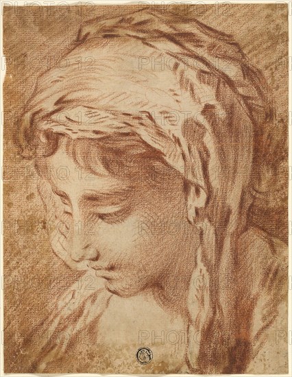 Head of a Woman, n.d., Attributed to François Boucher, French, 1703-1770, France, Red chalk, over traces of graphite, on ivory laid paper, 218 × 168 mm
