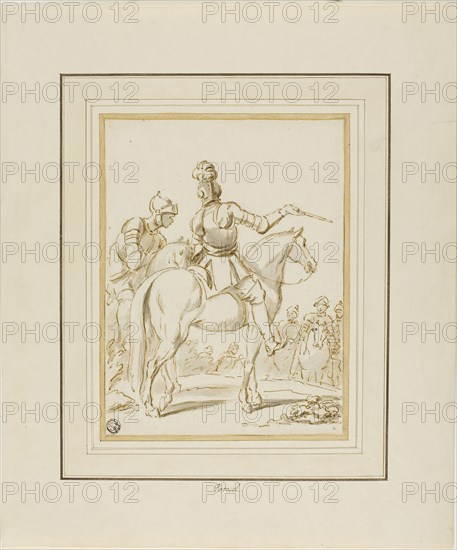 Knights on Horseback, n.d., Charles Parrocel, French, 1688-1752, France, Pen and brown ink, with brush and gray wash, over traces of graphite on ivory laid paper, laid down on ivory laid paper, 215 × 163 mm