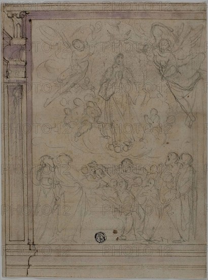 Assumption of the Virgin (recto), Sketches of Architectural Details (verso), n.d., Unknown Artist, Italian, 16th/17th century, Italy, Black chalk with pen and brown ink and brush and pale purple wash (recto), and pen and brown ink with brush and gray wash with traces of black chalk (verso), on cream laid paper, 240 x 180 mm