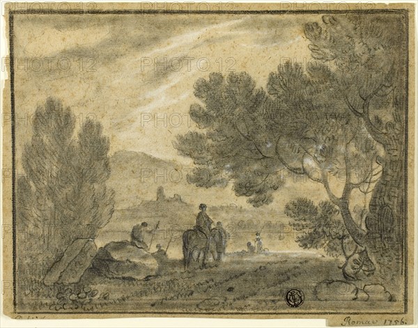 Roman Campagna with Figures, 1756, Richard Wilson, English, 1714-1782, England, Black chalk with stumping, heightened with white chalk, on blue laid paper (faded to brown), 169 × 216 mm