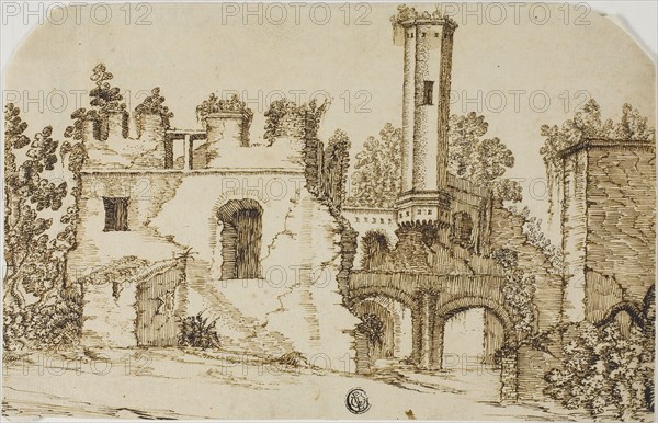 Ruins of Castle, n.d., Style of Ercole Bazicaluva (Italian, c. 1600-1661), or Remigio Cantagallina (Italian, 1582-1656), Italy, Pen and brown and black ink on cream laid paper, 161 x 252 mm