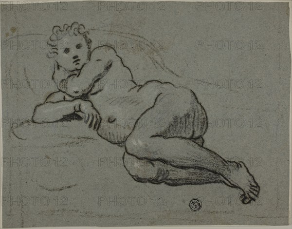 Reclining Nude, 1600/20, Domenico Robusti, called Tintoretto, or his workshop, Italian, 1560-1635, Italy, Charcoal, with oiled charcoal, heightened with traces of white chalk, on blue laid paper, laid down on ivory laid paper, 175 x 225 mm