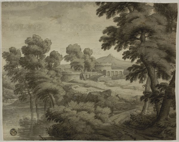 Italianate Landscape with Castle, Trees and Water in Foreground, n.d., School of Nicolas Poussin, French, 1594-1665, France, Pen and black ink and brush and black and gray wash, over black chalk, on cream laid paper, laid down on ivory laid paper, 191 × 240 mm
